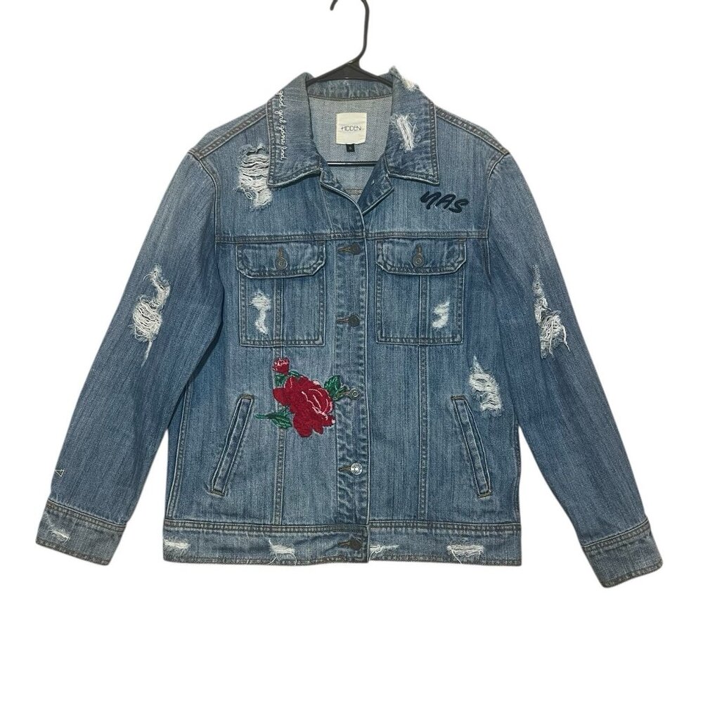 Hidden Embroidered Distressed Denim Jean Jacket Size Small Grunge Y2K Women's